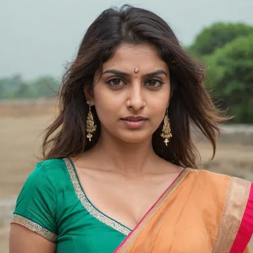 Prompt: a woman wearing a deep neck blouse with a saree. she has a visible cleavage. She is loking into the camera. She has loose hair and there is wind blowing 