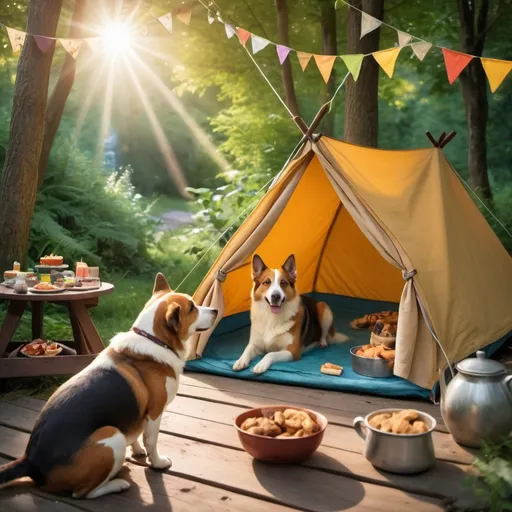 Prompt: A vibrant scene full of life: a happy dog and a curious cat are camping in a cozy tent, surrounded by lush greenery. On the table in front of them, a variety of delicious treats await to be savored. Sunlight filters through the trees, creating a magical play of light on the scene. Add your creative touch to capture the spirit of adventure and companionship between humans and their furry friends.
