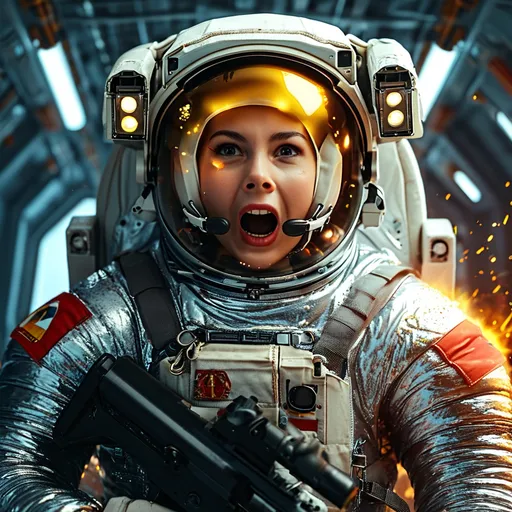 Prompt: female astronaut hit in chest by laser beam, mid-scream of extreme horror and eyes wide open, wearing a shiny silver puffy puffer moncler suit, , sparks and smoke coming from the chest, flying against wall inside zero g corridor of a space station, holding a rifle, wide shoulder straps, harness on groin and legs, black leather gloves,