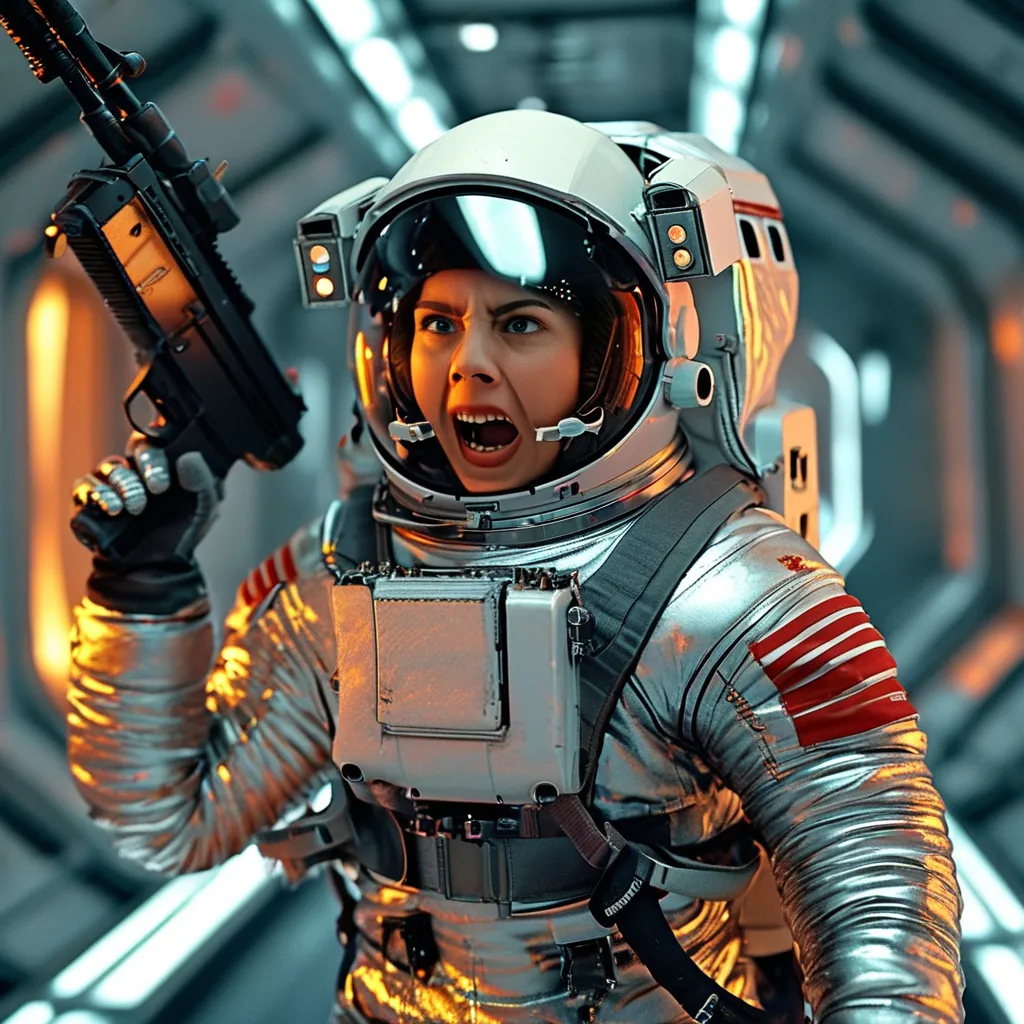 Prompt: female astronaut hit in chest by laser beam, mid-scream of extreme horror and eyes wide open, wearing a shiny silver puffy puffer moncler suit, , sparks and smoke coming from the chest, flying against wall inside zero g corridor of a space station, holding a rifle, wide shoulder straps, harness on groin and legs, black leather gloves,