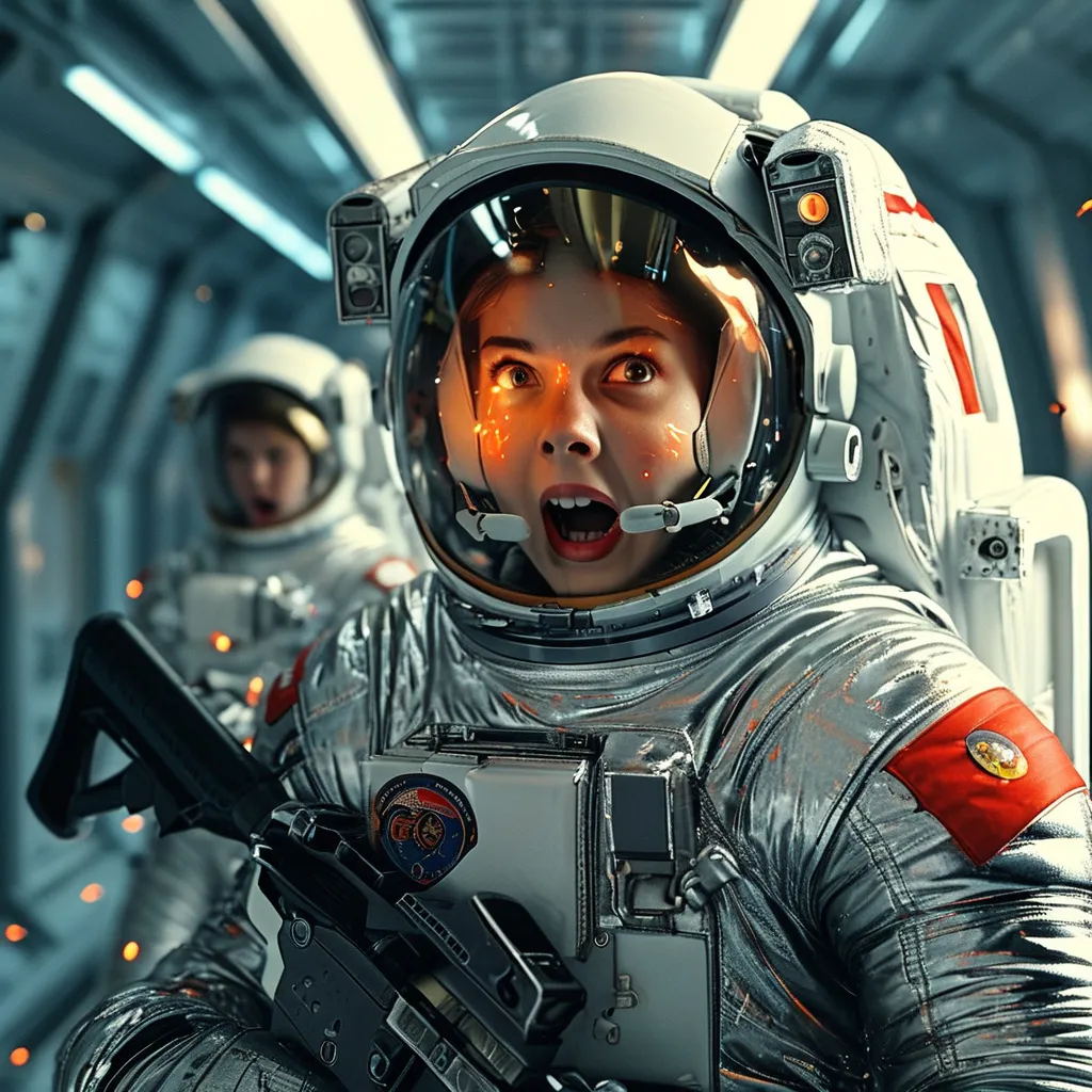 Prompt: female astronaut hit in chest by laser beam, mid-scream of extreme horror and eyes wide open, wearing a shiny silver puffy puffer moncler suit, , sparks and smoke coming from the chest, flying against wall inside zero g corridor of a space station, holding a rifle, wide shoulder straps, harness on groin and legs, black leather gloves,