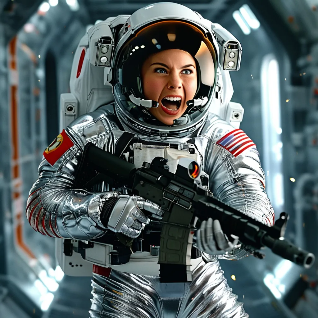 Prompt: female astronaut hit in chest by laser beam, mid-scream of extreme horror and eyes wide open, wearing a shiny silver puffy puffer moncler suit, , sparks and smoke coming from the chest, flying against wall inside zero g corridor of a space station, holding a rifle, wide shoulder straps, harness on groin and legs, black leather gloves,