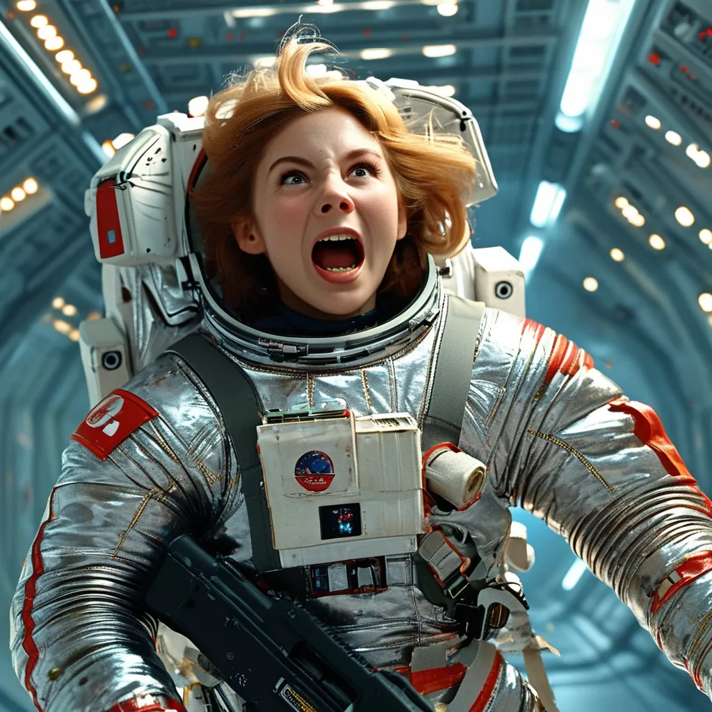 Prompt: female astronaut hit in chest by laser beam, mid-scream of extreme horror and eyes wide open, wearing a shiny silver puffy puffer moncler suit, , sparks and smoke coming from the chest, flying against wall inside zero g corridor of a space station, holding a rifle, wide shoulder straps, harness on groin and legs, black leather gloves,