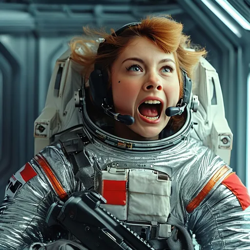 Prompt: female astronaut hit in chest by laser beam, mid-scream of extreme horror and eyes wide open, wearing a shiny silver puffy puffer moncler suit, , sparks and smoke coming from the chest, flying against wall inside zero g corridor of a space station, holding a rifle, wide shoulder straps, harness on groin and legs, black leather gloves,