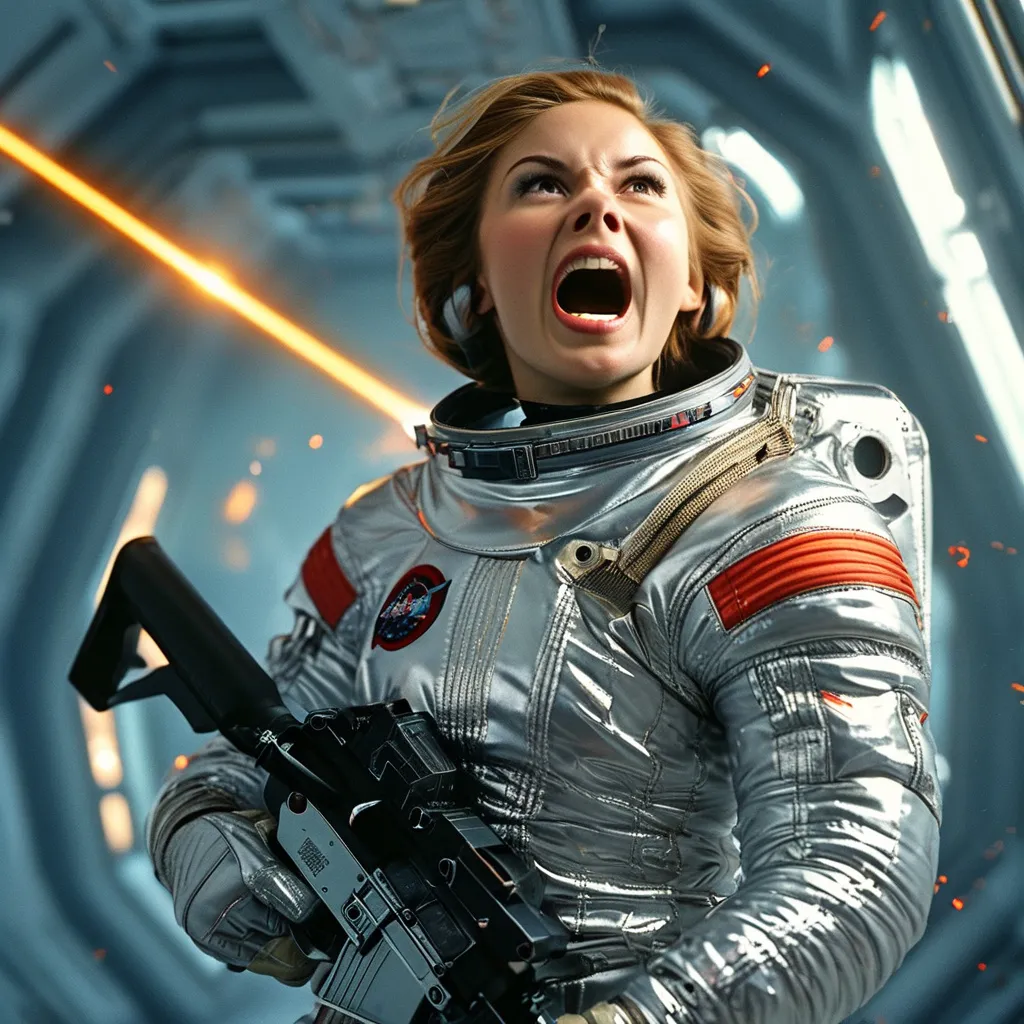 Prompt: female astronaut hit in chest by laser beam, mid-scream of extreme horror and eyes wide open, wearing a shiny silver puffy puffer moncler suit, , sparks and smoke coming from the chest, flying against wall inside zero g corridor of a space station, holding a rifle, wide shoulder straps, harness on groin and legs, black leather gloves,