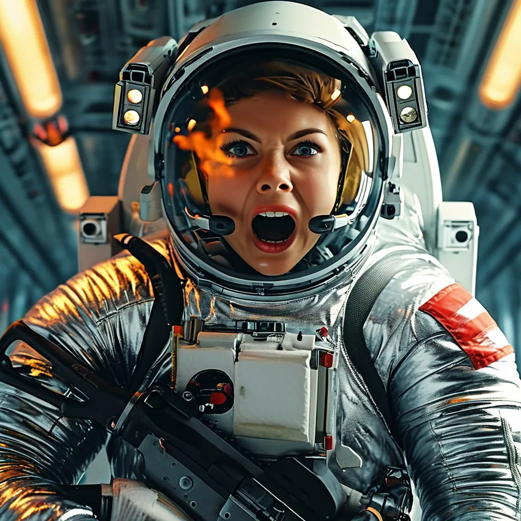 Prompt: female astronaut hit in chest by laser beam, mid-scream of extreme horror and eyes wide open, wearing a shiny silver puffy puffer moncler suit, , sparks and smoke coming from the chest, flying against wall inside zero g corridor of a space station, holding a rifle, wide shoulder straps, harness on groin and legs, black leather gloves,