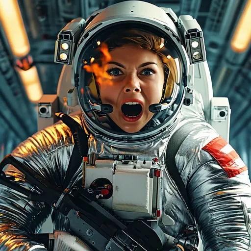 Prompt: female astronaut hit in chest by laser beam, mid-scream of extreme horror and eyes wide open, wearing a shiny silver puffy puffer moncler suit, , sparks and smoke coming from the chest, flying against wall inside zero g corridor of a space station, holding a rifle, wide shoulder straps, harness on groin and legs, black leather gloves,