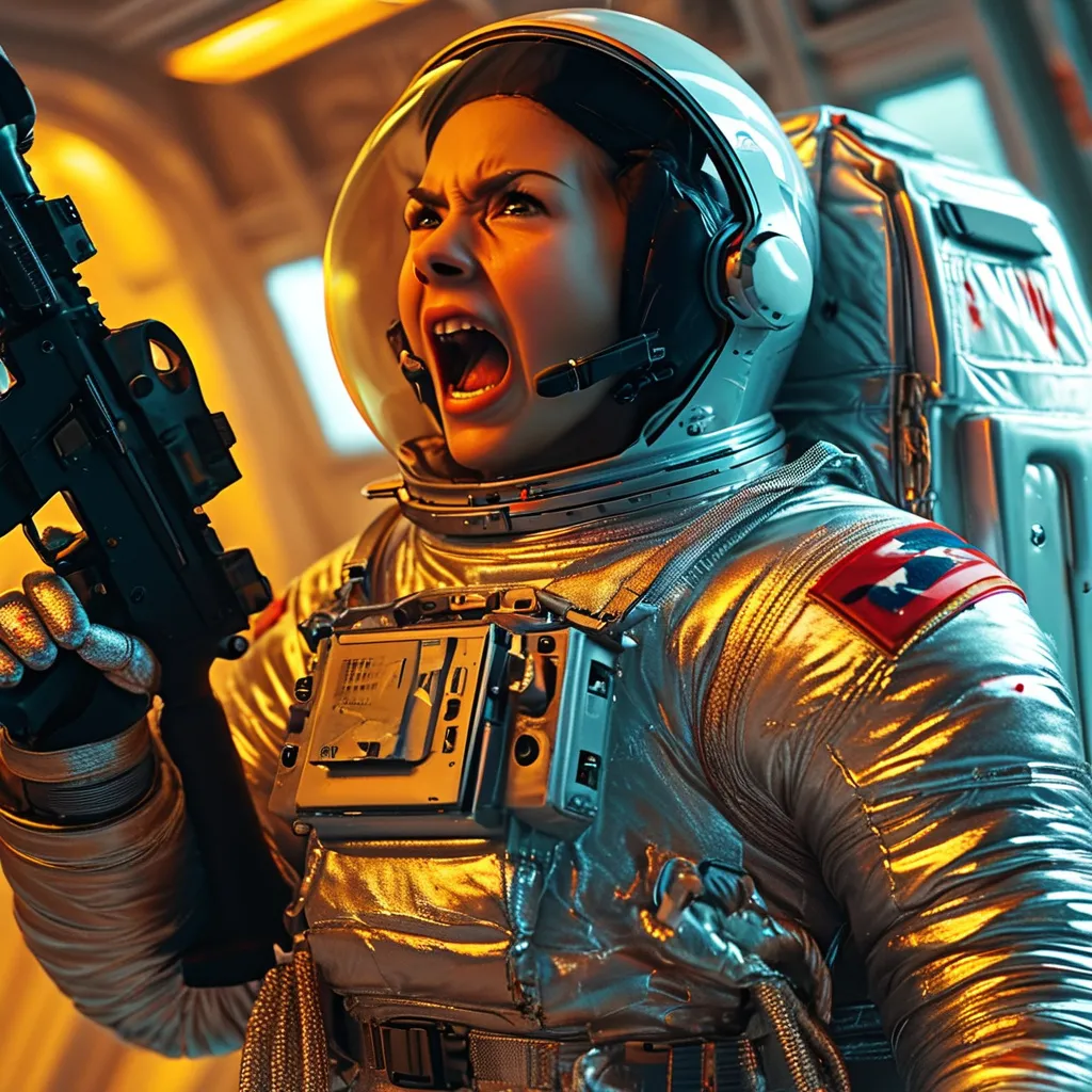 Prompt: female astronaut hit in chest by laser beam, mid-scream of extreme horror and eyes wide open, wearing a shiny silver puffy puffer moncler suit, , sparks and smoke coming from the chest, flying against wall inside zero g corridor of a space station, holding a rifle, wide shoulder straps, harness on groin and legs, black leather gloves,