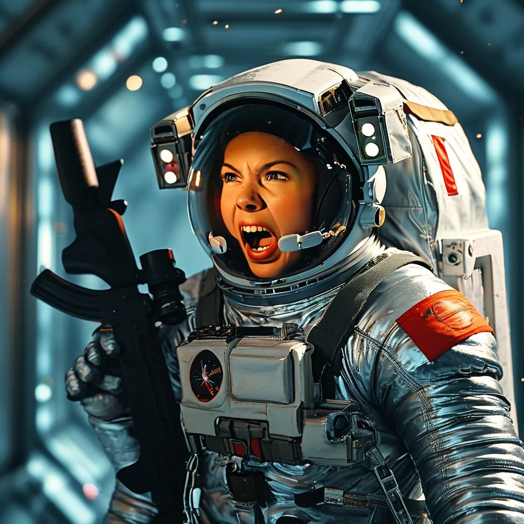 Prompt: female astronaut hit in chest by laser beam, mid-scream of extreme horror and eyes wide open, wearing a shiny silver puffy puffer moncler suit, , sparks and smoke coming from the chest, flying against wall inside zero g corridor of a space station, holding a rifle, wide shoulder straps, harness on groin and legs, black leather gloves,