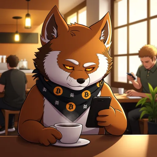 Prompt: @9kzuNTeShXkhEsTTTRUl is drinking coffee while checking his smartphone