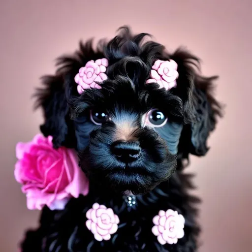 Prompt: black poodle shitzu mix puppy surrounded by beautiful and elaborate pink roses. The name Ebony written in diamonds.
