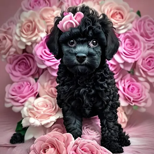 Prompt: black poodle shitzu mix puppy surrounded by beautiful and elaborate pink roses