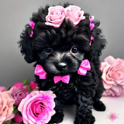 Prompt: black poodle shitzu mix puppy surrounded by beautiful and elaborate pink roses. The name Ebony written in diamonds.