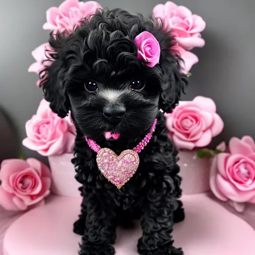 Prompt: black poodle shitzu mix puppy surrounded by beautiful and elaborate pink roses. The name Ebony written on the heart charm hanging from Puppy’s diamond collar