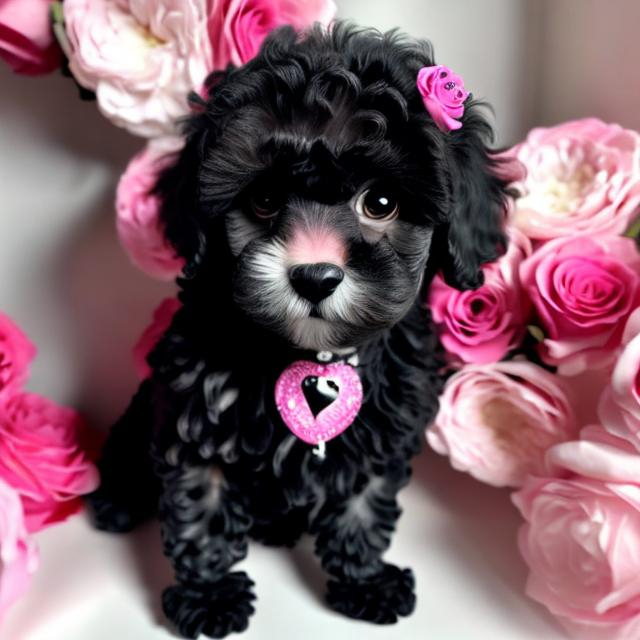 Prompt: black poodle shitzu mix puppy surrounded by beautiful and elaborate pink roses. The name Ebony written in diamonds.