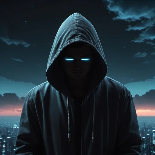 Prompt: sad hacker with dark animated sci-fictional sky background