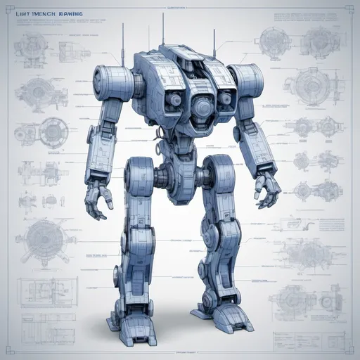 Prompt: blueprint: detailed engineering drawing: light mech, scifi, complex construction, components: dimension diagram, intricate design and technical specifications.