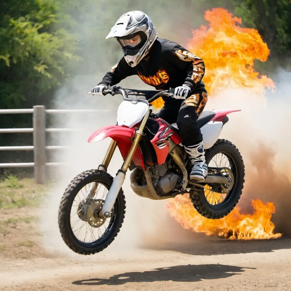 Prompt: a dirtbike doing a wheelie but the wheels are on fire
