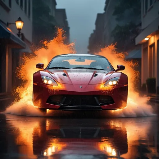 Prompt: a car in the rain but its back wheels are on fire