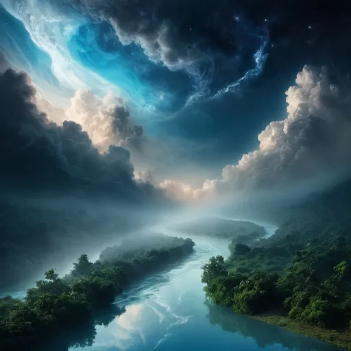 Prompt:  dramatic fantasy, A river of vapour and humidity that flows above the sky, cosmic river, Akash Ganga from Hindu mythology, floating rivier, sky river, cinematic 