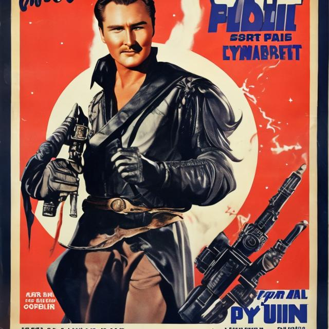 Prompt: Errol Flynn as a space pirate with a pistol, style of 1950s film posters