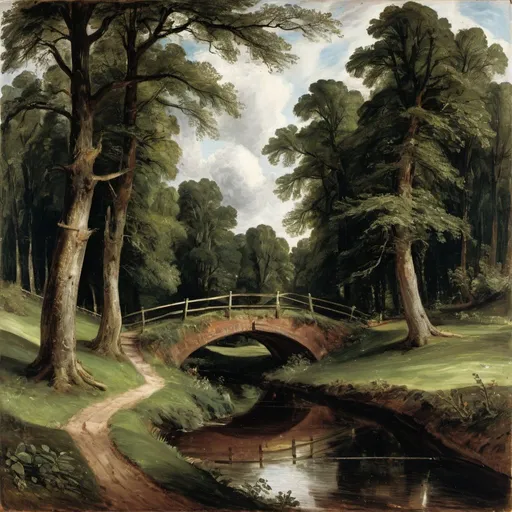 Prompt: john constable - forest with small walking bridge
