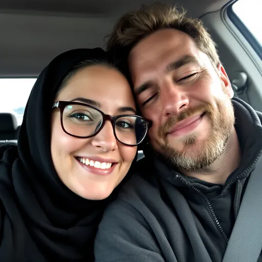Prompt: A cozy moment unfolds inside a vehicle, with two individuals leaning closely together. The person in the foreground, a woman, is wearing glasses and a dark headscarf, her expression soft and inviting as she gazes into the camera. Just beyond her, a man with a light beard tilts his head slightly, eyes closed and lips gently curved in a relaxed smile, projecting a sense of intimacy and comfort. The interior of the car is illuminated by natural light filtering in from the window, revealing a muted color palette of greys and soft shadows that enhance the warm, relaxed atmosphere. This snapshot captures a tender connection, hinting at a shared journey or a moment of closeness amidst daily life.