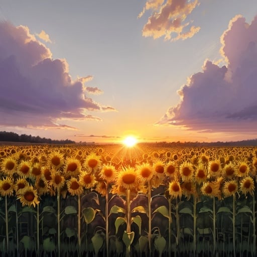 Prompt: hada en una pradera con girasoles en un atardecer con tonos violetas