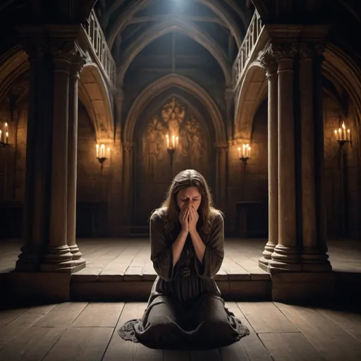 Prompt: A person grieving for the death of her beloved one and seeing a shakespearean play, named "King Lear", intricate details and medieval british style architecure, and lighting with cinematic expereince