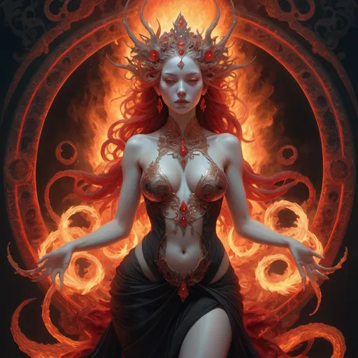 Prompt: a stunning interpretation of a fire goddess , highly detailed and intricate, golden ratio, black and red , mist, glow, crystal , metallic, hyper maximalist, ornate, luxury, elite, ominous, haunting, matte painting, cinematic, cgsociety, James jean, Brian froud, ross tran, private parts visiible, spread legs