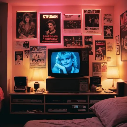 Prompt: A typical 1980s bedroom wall  at night with posters, neon lighting, merchandise etc and a square TV/vcr in the centre. 