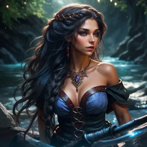 Prompt: portrait of a Victorian lady, a young beautiful wizard, elf, olive skin, dark brown long hair in a braid, flowing luscious and voluminous hair, shoulder long hair, a grim look on her face, full lips, feminine, strong sharp features, short and very muscular, body builder like build, radiating energy, blood on her face, dark Victorian clothes, holding a staff with a glowing red gem, jewelry, sandals, leather padded armor, adventurer, standing in plaza in a depth of color, high details, high resolution, busy medieval fantasy town at night, fantasy setting, wide angle, dungeons & dragons, realistic with a dark red and black themed gothic background
