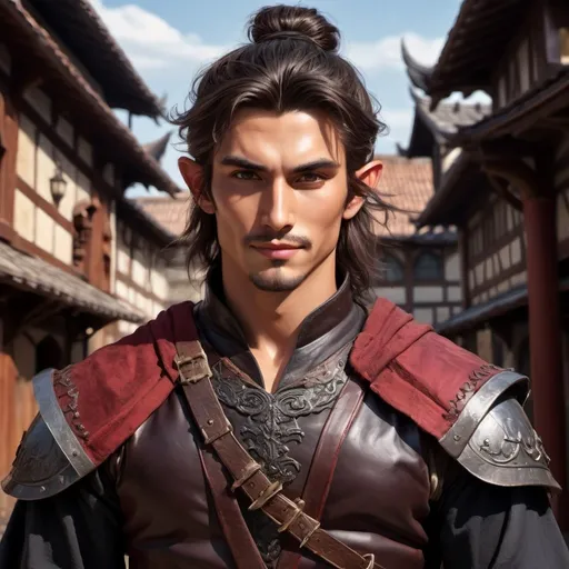 Prompt: portrait of a Victorian man, a ronin, young and confidant man, elf, olive skin, dark brown long hair in a messy bun, flowing luscious and voluminous hair,  a casual smile, full lips, masculine, strong sharp features, short and very muscular, body builder like build, radiating energy, blood on his face, Buddhist robes, , sandals, leather padded armor, adventurer, standing in plaza in a depth of color, high details, high resolution, busy medieval fantasy town, fantasy setting, wide angle, dungeons & dragons, realistic with a dark red and black themed gothic background
