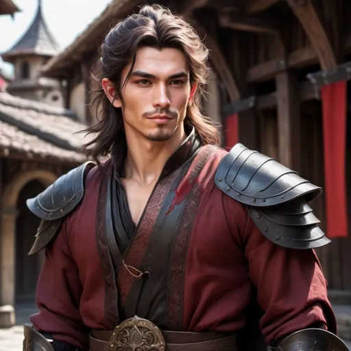 Prompt: portrait of a Victorian man, a ronin, young and confidant man, elf, olive skin, dark brown long hair in a messy bun, flowing luscious and voluminous hair,  a casual smile, full lips, masculine, strong sharp features, short and very muscular, body builder like build, radiating energy, blood on his face, Buddhist robes, , sandals, leather padded armor, adventurer, standing in plaza in a depth of color, high details, high resolution, busy medieval fantasy town, fantasy setting, wide angle, dungeons & dragons, realistic with a dark red and black themed gothic background
