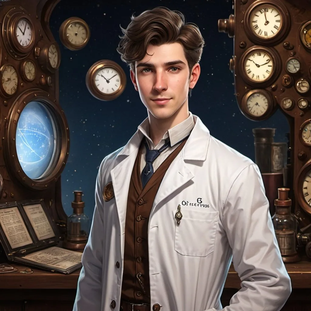 Prompt: His name is Alex Muskin, He is a 6’2 scientist, inventor, and a time traveler, he’s from a Sci-if steampunk show, he’s around 28, he has a British accent, he’s from U.K, he has A brown jump shut, with white shirt, dark brown boots, he has brown hair, one molecule, on his right eye, and the left eye a robot, he’s a friendly one, has a robotic arm due to the accident, has a white lab coat, has dark blue jeans, he lives in NYC of march, 21st, 2079, he’s on a planet called “Copper-7” he is a human