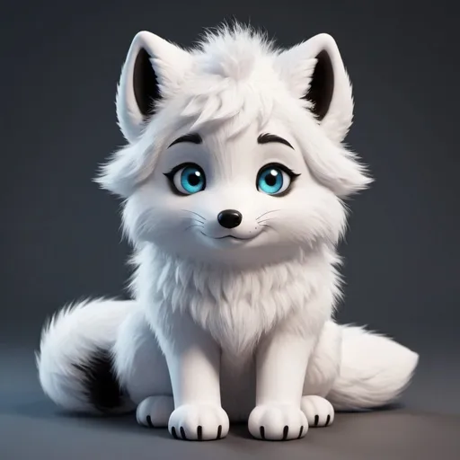 Prompt: Oweo is a cute, fluffy arctic fox that is around 3’6, when he gets sad, he shows puppy eyes, he is an OC from Chikin nugget, he has vanilla fur, and dark spots that represent Oreo cookies,