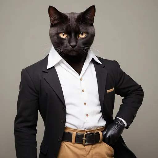 Prompt: His name is jonivar Brunson, He is from an indie-show web comic show called Lackadasy, he is a cat A cat. that is wearing a white shirt, with a black jumpsuit, brown gloves, brown boots, and black jeans, he is a breed of British Shorthair, and Bombay cat, he makes guns legally, he's around 6'0, he's in St. Louis, Missouri 1920, in a 2d style