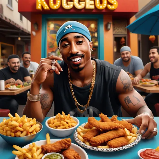 Prompt: A realistic photograph featuring 2pac enjoying Moroccan-inspired street food with a joyful expression. The celebrity is happily holding a serving of cheesy fries topped with crispy chicken tenders, nuggets, and onion rings, along with a kumpir (a large baked potato) loaded with colorful toppings like corn, olives, and peppers. The background includes Moroccan design elements, with decorative patterns inspired by traditional Moroccan tiles and vibrant geometric motifs, but with a subtle color palette. The celebrity should look engaged and delighted with the food, capturing a genuine, happy moment. Frame the scene in a Moroccan pop-art style using cultural icons like tea tins or soda cans, adding a lively, authentic feel suitable for a restaurant gallery wall.