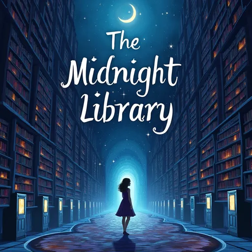Prompt: Design an alternative book cover for The Midnight Library by Matt Haig. The cover should feature a surreal and dreamlike atmosphere. Include a mysterious library floating in a starry night sky, with glowing bookshelves that stretch into infinity. A young woman stands at the entrance, looking uncertain but curious, surrounded by glowing doorways leading to alternate lives. Use deep blues, purples, and hints of gold to convey a sense of wonder, melancholy, and possibility. The title ‘The Midnight Library’ should be elegant and slightly whimsical.”
