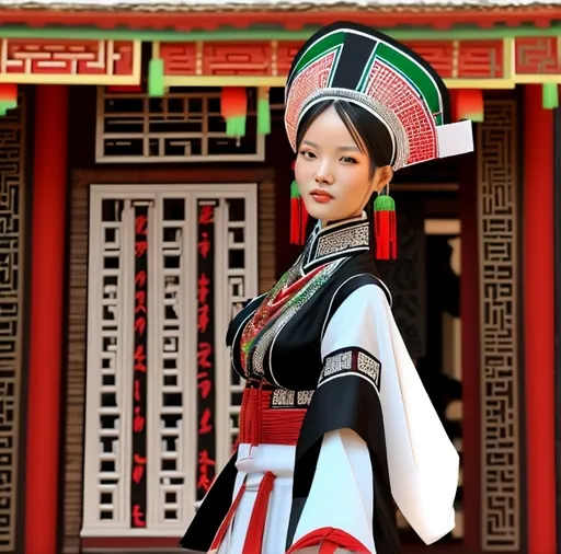 Prompt: Tall young half African half asian an woman with green eyes walking down the high street, detailed traditional white Chinese clothing, and two HSK2 books under the arm, realistic, natural lighting