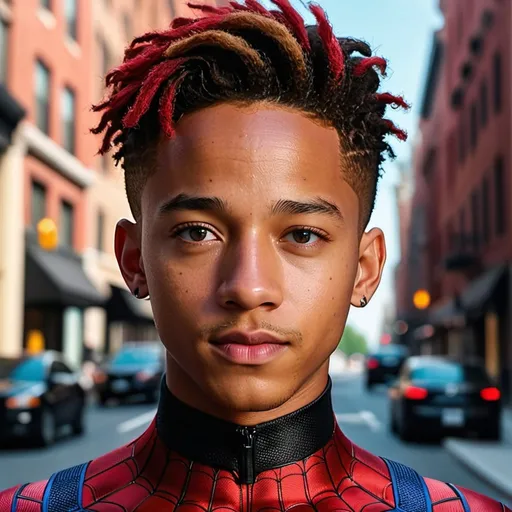 Prompt: High resolution hyperrealistic dynamic image of Jaden Smith as Spider-Man, symmetrical detailed photorealistic face, black and red costume highly detailed, cinematic, uhd, hdr, 64k