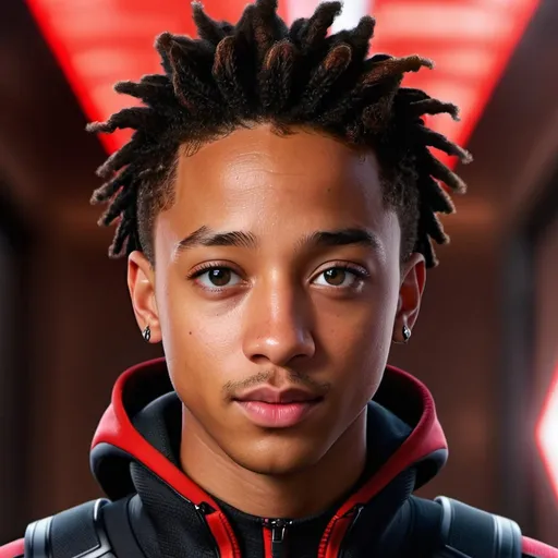 Prompt: High resolution hyperrealistic dynamic image of Jaden Smith as miles-morales, symmetrical detailed photorealistic face, black and red costume highly detailed, cinematic, uhd, hdr, 64k