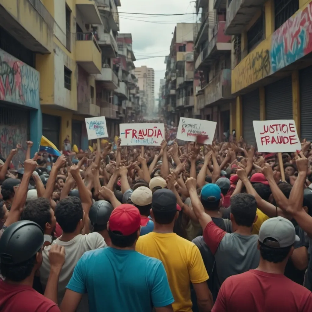 Prompt: Creame una imagen:  manifestantes en las calles de Venezuela con pancartas que dicen “Fraude” y “Justicia”