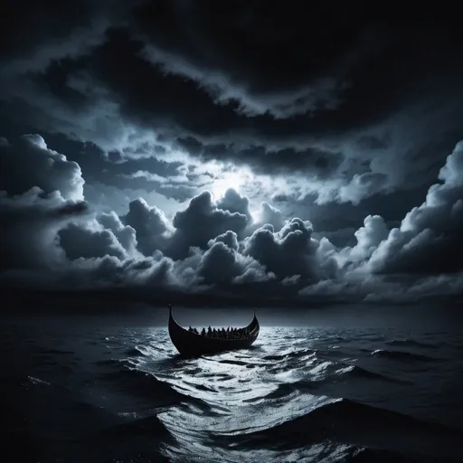 Prompt: A dark night in the middle of ocean on a Viking boat. Looking at the clouds formation , feel like entering a bat cave 