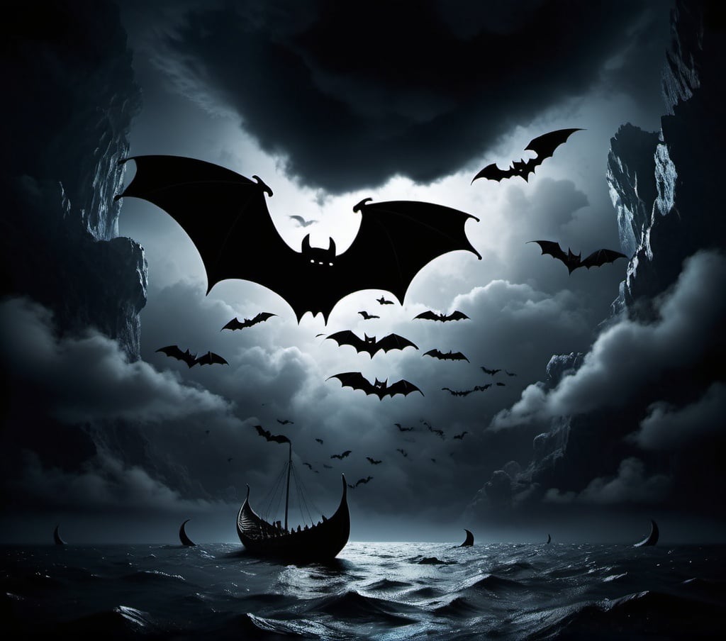 Prompt: A dark night in the middle of ocean on a Viking boat. Clouds in shape of bats feels like entering a bat cave looking at the clouds.