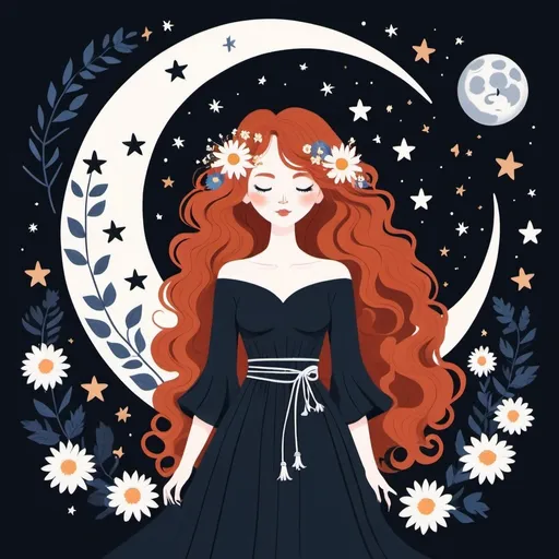 Prompt: Flat illustration a redhead witch with flowers in her curly hair holding yarn ball, blue and white flowers, crescent moon, closed eyes, black dress, stars, night, nature, wild, free, simple forms, simple shapes, vector, minimalism