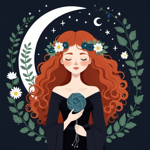 Prompt: Flat illustration a redhead witch with flowers in her curly hair holding yarn ball, blue and white flowers with green leaves, crescent moon, closed eyes, black dress, stars, night, nature, wild, free, simple forms, simple shapes, vector, minimalism