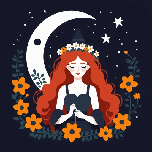 Prompt: Flat illustration a redhead witch with flowers in her hair crocheting, night, moon, simple forms, simple shapes, vector, minimalism