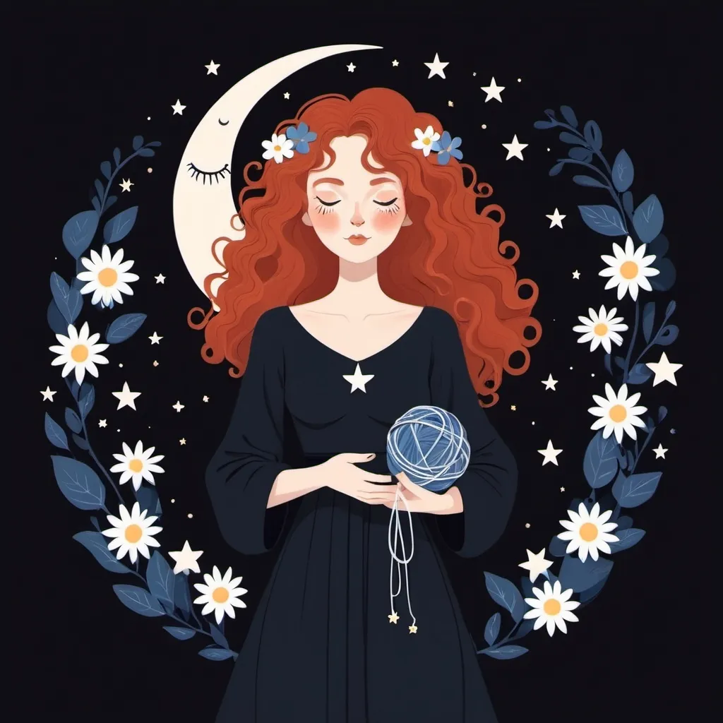 Prompt: Flat illustration a redhead witch with white and blue flowers in her curly hair, holding yarn ball, crescent moon, closed eyes, black dress, stars, night, nature, simple forms, simple shapes, vector, minimalism