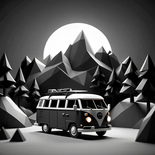 Prompt: (cute simple low poly render), mountain landscape, (black and white) wallpaper, campervan, fire, minimalist design, serene atmosphere, cozy vibe, soft shadows, high contrast details, tranquil scenery, artistic textures, calm environment, 4K, ultra-detailed appearance, inviting warmth from the fire, an exploration of shapes and lines.